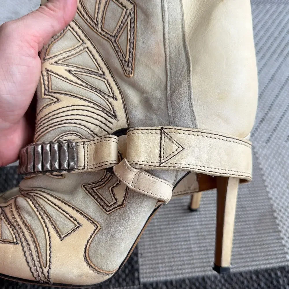 ISABEL MARANT Women's Blackson Ankle Western Boots Size 37 Beige Pointed Toe - Picture 4 of 9